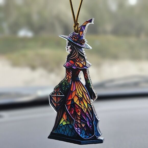 Acrylic Vintage Witch In Magical Stained Glass Dress Ornament Pendant - Picture 7 of 7